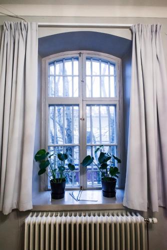 a window with two potted plants and a radiator at Hotell Gamla Fängelset in Umeå