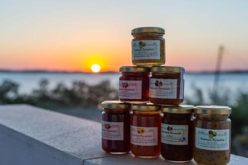 four jars of jam on a ledge with the sunset in the background at Remvi Studios in Pounda