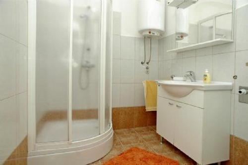 een badkamer met een douche en een wastafel bij Apartment M&M in Brna