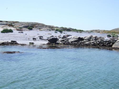 a body of water with rocks on a beach at Hotell Fisketången in Kungshamn