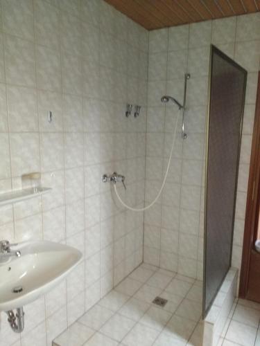 ein Bad mit einer Dusche und einem Waschbecken in der Unterkunft Apartment Scharhörn in Otterndorf
