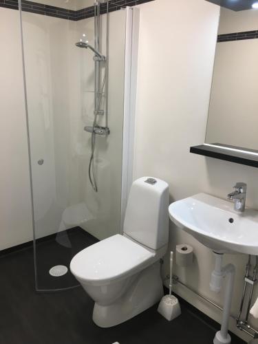 a bathroom with a toilet and a shower and a sink at Munken Hotell & Konferens in Mönsterås