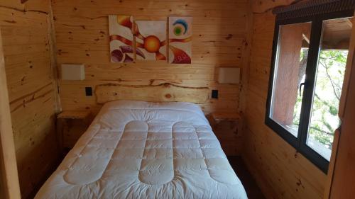 a bed in a log cabin with a window at Pendientes de Moquehue in Moquehue