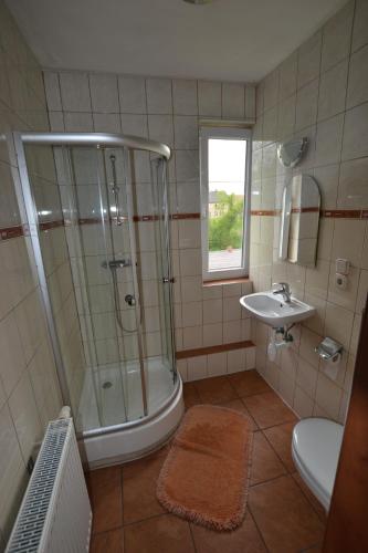 a bathroom with a shower and a sink at Zagroda Agroturystyczna Wiecha in Mieroszów