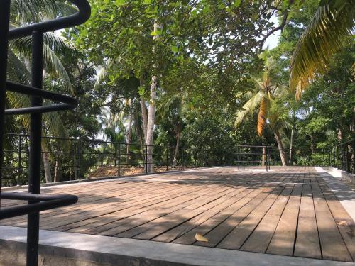 a wooden boardwalk in a park with trees at KAJU GREEN eco lodges in Unawatuna