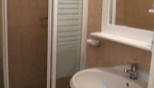 a bathroom with a shower and a sink and a mirror at Nautilus Barbati in Barbati