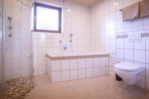 a bathroom with a toilet and a sink and a shower at Chalet Holzerstubn in Ehrwald