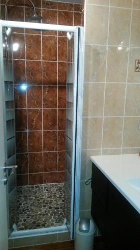 y baño con ducha y puerta de cristal. en Les Huniers, en Arcachon