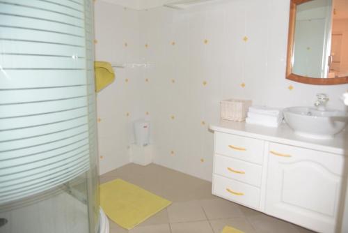 a bathroom with a shower and a sink at Maison Duplex "Josué" vue sur Marina in Grand-Bourg