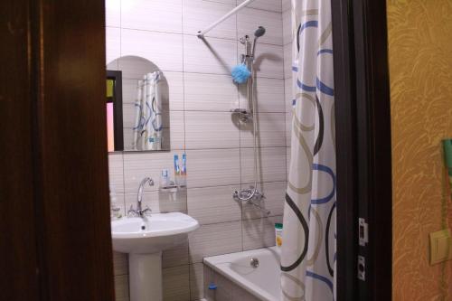 a bathroom with a sink and a shower at Apartment on Chkalova in Maykop