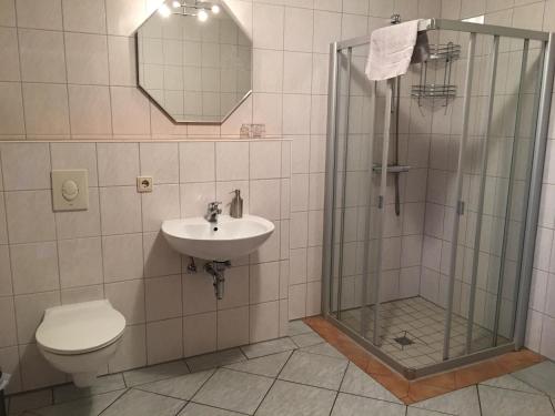 ein Bad mit einer Dusche, einem WC und einem Waschbecken in der Unterkunft Pension am Radweg & Ristorante Juani in Wriezen