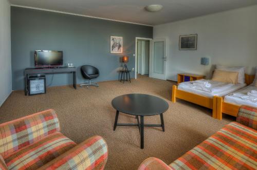 克瓦洛維采的住宿－伊特弗酒店，带沙发、床和桌子的客厅
