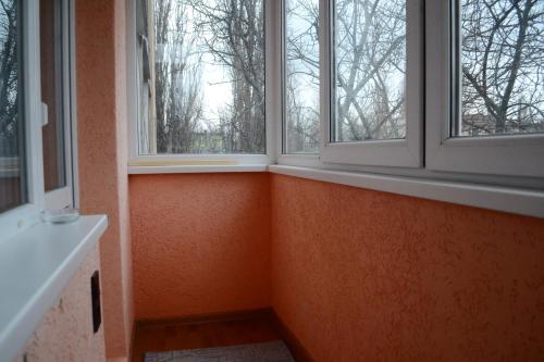 クルィヴィーイ・リーフにあるApartmens on Geroiv ATOのオレンジ色の壁のバスルーム(窓2つ付)