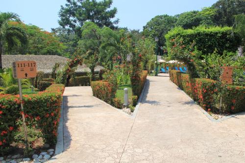 a walkway through a garden with flowers and trees at Hotel Villa Mercedes Palenque in Palenque