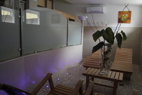 a room with two benches and a vase with a plant at Hotel Milanese in Rimini
