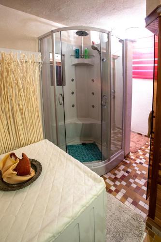 La salle de bains est pourvue d'une douche et d'une assiette de fruits. dans l'établissement Gite Chez Mimie, à Breitenbach-Haut-Rhin