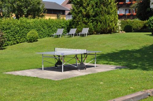 a ping pong table and two chairs on a lawn at Karglhof Villa in Faak am See