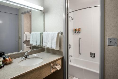 a bathroom with a sink and a shower and a mirror at Westmark Anchorage Hotel in Anchorage