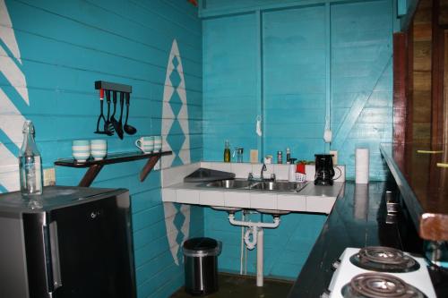 a kitchen with a sink and a blue wall at Surf Break at Paunch in Bocas del Toro