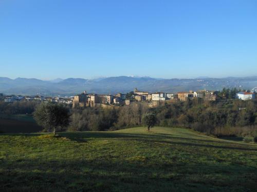 un campo verde con una ciudad al fondo en B&B Le Stanze del Chiostro en Serra deʼ Conti