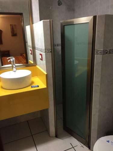 a bathroom with a sink and a glass shower at Hotel Plaza Crystal in Xalapa