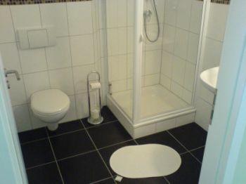 ein Bad mit einem WC, einem Waschbecken und einer Dusche in der Unterkunft Eckotel H1 in Eckernförde