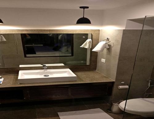 a bathroom with a sink and a mirror and a toilet at Hotel The Kargil in Kargil