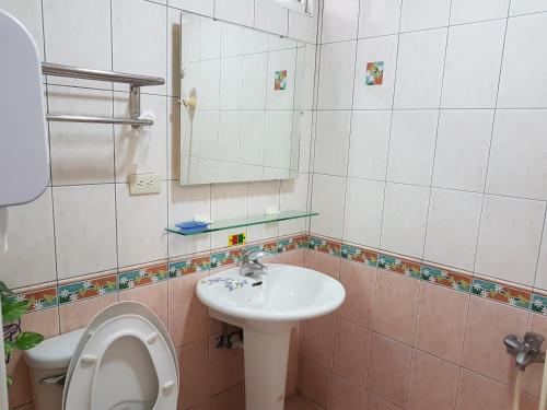 a bathroom with a sink and a toilet and a mirror at Fire B&B in Chishang