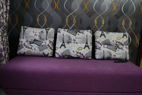 克里沃羅格的住宿－Apartmens on Geroiv ATO，床上的一组枕头,配有紫色床单