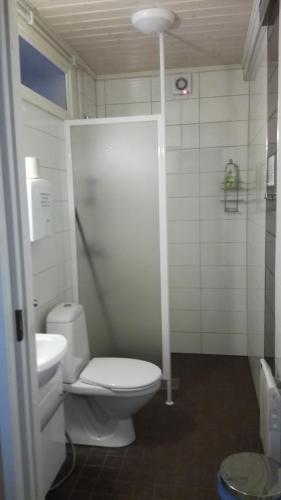 a bathroom with a white toilet and a shower at Laiskan Kartano in Härmä
