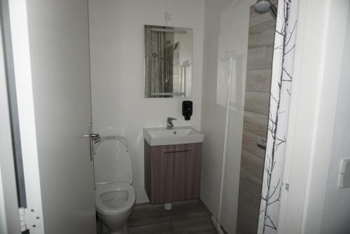 a bathroom with a toilet and a sink and a mirror at B&B by the Sea Hirtshals in Hirtshals
