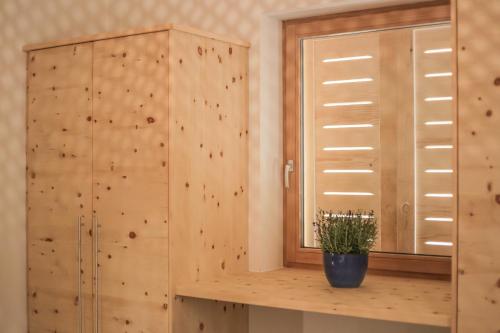 a room with a wooden cabinet and a potted plant at Dobringers Chalet-Dorf Warös in Hermagor