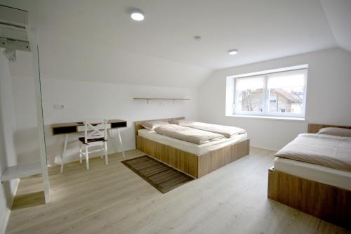 a bedroom with two beds and a desk and a window at Evi Rooms Ljubljana in Ljubljana