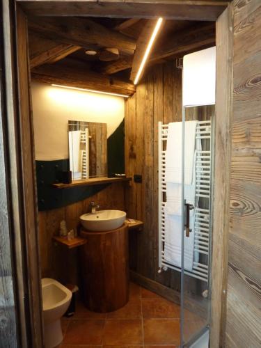 a bathroom with a sink and a toilet and a mirror at Tana Della Volpe in Sestriere