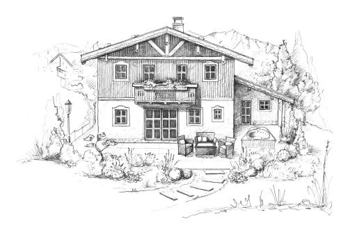 a pencil drawing of a house at Hüttendorf Ladizium in Ladis