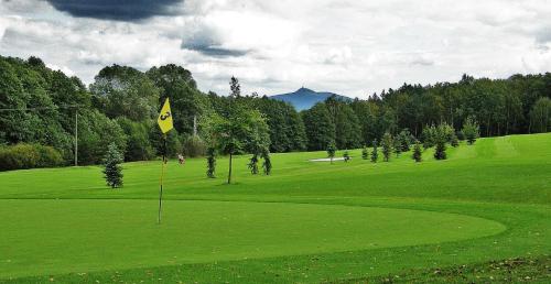 una bandera amarilla en un campo de golf verde en Resort Malevil, en Jablonné v Podještědí