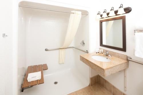 uma casa de banho com um lavatório e um espelho em SYLO Hotel Denver Airport, a Ramada by Wyndham em Aurora