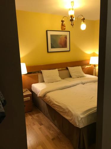 a bedroom with a bed with two lamps on it at Apartament EWA in Tarnów