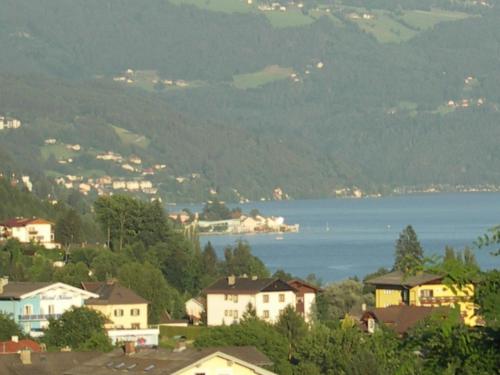 a view of a town with a lake and houses at Apartments Krista in Seeboden