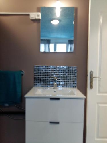La salle de bains est pourvue d'un lavabo et d'un miroir. dans l'établissement Private Studio Brussels Airport, à Bruxelles