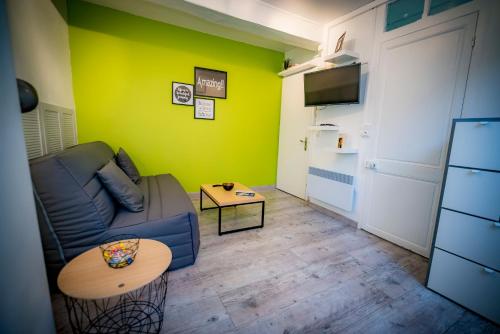un salon avec un canapé et une table dans l'établissement Appartement HYPER CENTRE avec WIFI, à Troyes