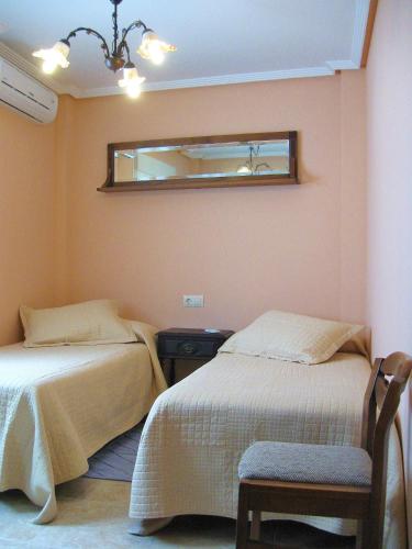 a bedroom with two beds and a mirror on the wall at Valle del Jerte in Plasencia