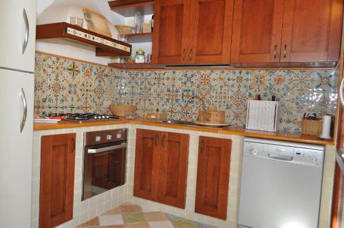 eine Küche mit Holzschränken und einem weißen Geschirrspüler in der Unterkunft Villa Le Meraviglie in San Vito lo Capo