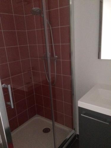 ボーソレイユにあるCastellaretの赤いタイル張りのバスルーム(シャワー付)