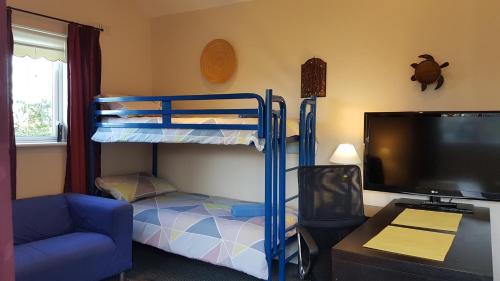 a bedroom with a bunk bed and a tv at Hilltop Seaview Apartment in Wicklow