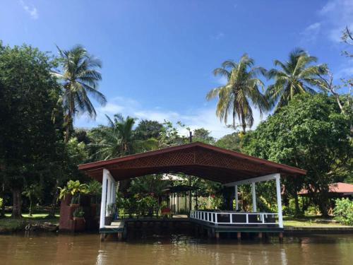 a gazebo on the side of a river at Manatus Hotel in Tortuguero