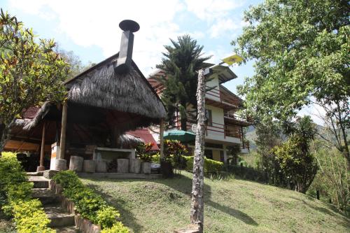 a house with a thatched roof on a hill at HOTEL LA SELVA Reserva in La Vega
