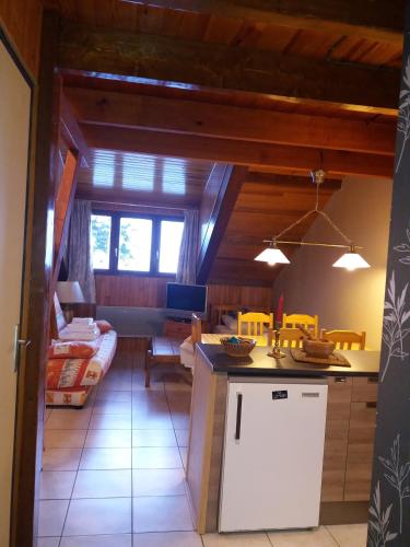 a kitchen and a living room with a counter top at Appartements les Bressanes in Selonnet
