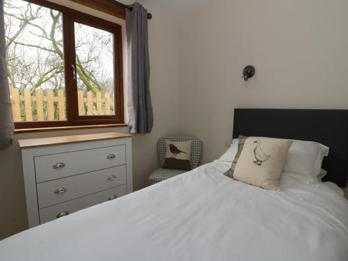 Ploony Hill Lodge في Bleddfa: غرفة نوم بسرير مع نافذة وكرسي