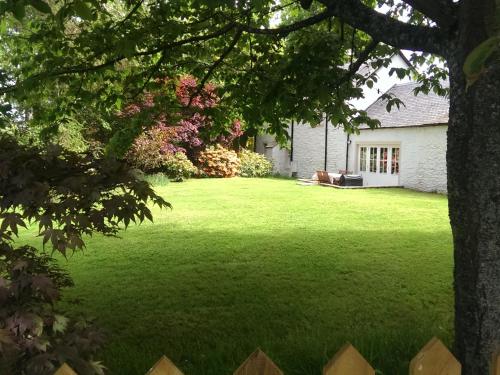 a yard with a large lawn with a house at Bannatyne Lodge in Newtyle